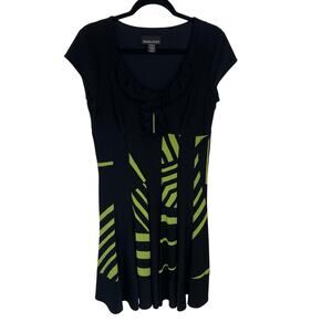 Frank Lyman Design Cap Sleeve Ruffle Zipper Accent Black Green Dress Womens 10